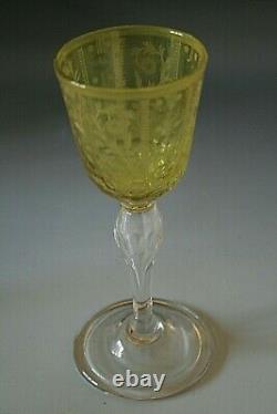 Rare 18th Century Wine Glass With Green Engraved Bowl
