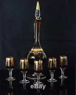 Rare! Elegant Vintage Amber Colored Pedestal Glass Wine Decanter Set