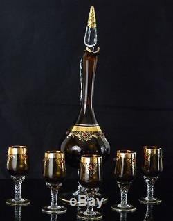 Rare! Elegant Vintage Amber Colored Pedestal Glass Wine Decanter Set