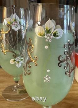 Rare Hand Painted Bohemian Crystal Wine Pale Green Gold Sokolov, Czech Rep