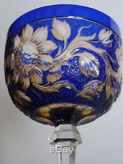 Rare Old Wine Glass Stevens & Williams Crystal Two Color Amber Blue Flowers Acid