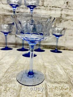 Rare Set Of 8 Vintage Heisey Blue Diamond Optic Wine Glasses