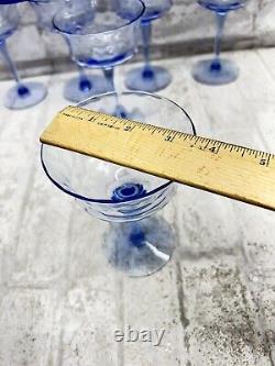 Rare Set Of 8 Vintage Heisey Blue Diamond Optic Wine Glasses
