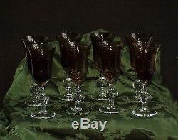 Rare Set of 8 Art Glass Crystal Brown & Clear Wine Stems Pontil Antique Vintage