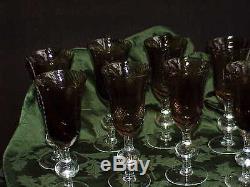 Rare Set of 8 Art Glass Crystal Brown & Clear Wine Stems Pontil Antique Vintage