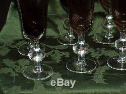 Rare Set of 8 Art Glass Crystal Brown & Clear Wine Stems Pontil Antique Vintage