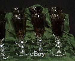 Rare Set of 8 Art Glass Crystal Brown & Clear Wine Stems Pontil Antique Vintage