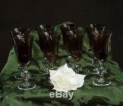 Rare Set of 8 Art Glass Crystal Brown & Clear Wine Stems Pontil Antique Vintage