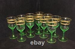 Rare Vintage Gold Rimmed Crystal, Green, Set of 12 Claret Wine Glasses, c1930's