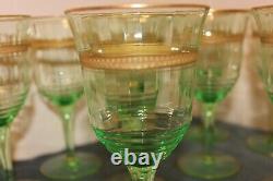 Rare Vintage Gold Rimmed Crystal, Green, Set of 12 Claret Wine Glasses, c1930's