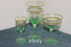 Rare Vintage Gold Rimmed Crystal, Green, Set of 12 Claret Wine Glasses, c1930's