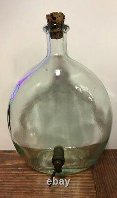 Rare Vintage Hand Blown Green Italian Glass With Brass Spigot & Original Cork