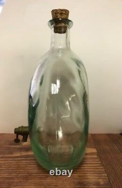 Rare Vintage Hand Blown Green Italian Glass With Brass Spigot & Original Cork