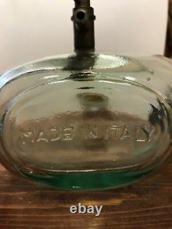 Rare Vintage Hand Blown Green Italian Glass With Brass Spigot & Original Cork