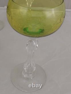 Rare Vintage Set 4 Cristallerie St Louis Green Kuppa Etched Wine Glasses 6.5