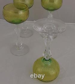 Rare Vintage Set 4 Cristallerie St Louis Green Kuppa Etched Wine Glasses 6.5