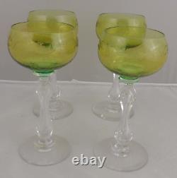 Rare Vintage Set 4 Cristallerie St Louis Green Kuppa Etched Wine Glasses 6.5