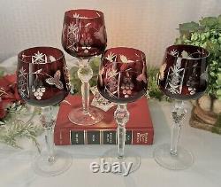 Red Cut To Clear Wine Glasses Hortensja / Hortensia Vintage Cut Colored Glass 4