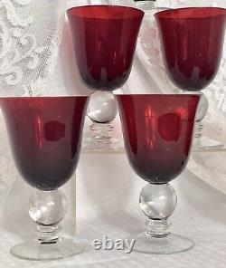 Red Wine / Water Glasses Clear Ball Wafer Stem Vintage Ruby Red Holiday 6 pcs