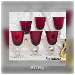 Red Wine / Water Glasses Clear Ball Wafer Stem Vintage Ruby Red Holiday 6 pcs