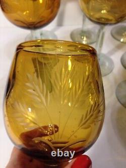 Retro Tall Amber Hand Cut Crystal Wine Glasses Set of 8 Handmade 16 oz
