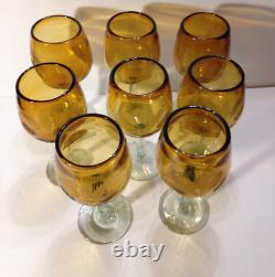 Retro Tall Amber Hand Cut Crystal Wine Glasses Set of 8 Handmade 16 oz