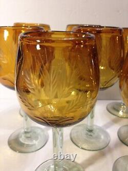 Retro Tall Amber Hand Cut Crystal Wine Glasses Set of 8 Handmade 16 oz