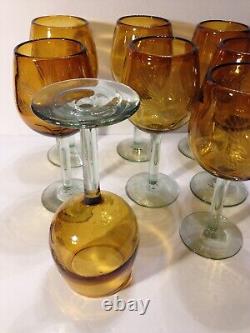 Retro Tall Amber Hand Cut Crystal Wine Glasses Set of 8 Handmade 16 oz
