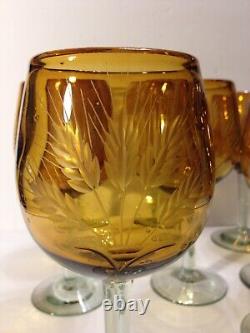 Retro Tall Amber Hand Cut Crystal Wine Glasses Set of 8 Handmade 16 oz