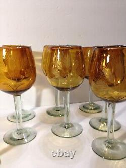 Retro Tall Amber Hand Cut Crystal Wine Glasses Set of 8 Handmade 16 oz
