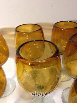 Retro Tall Amber Hand Cut Crystal Wine Glasses Set of 8 Handmade 16 oz