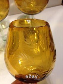Retro Tall Amber Hand Cut Crystal Wine Glasses Set of 8 Handmade 16 oz