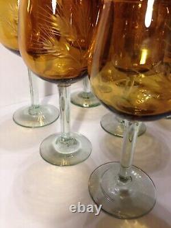 Retro Tall Amber Hand Cut Crystal Wine Glasses Set of 8 Handmade 16 oz
