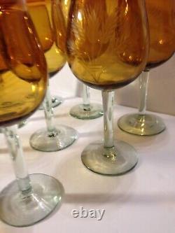 Retro Tall Amber Hand Cut Crystal Wine Glasses Set of 8 Handmade 16 oz