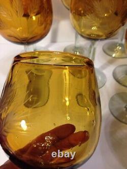 Retro Tall Amber Hand Cut Crystal Wine Glasses Set of 8 Handmade 16 oz