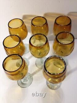 Retro Tall Amber Hand Cut Crystal Wine Glasses Set of 8 Handmade 16 oz