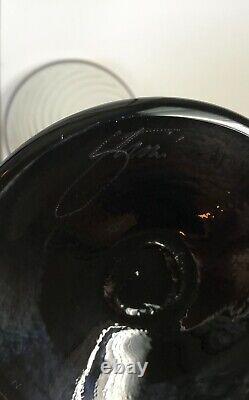 Rick Strini Art Glass Aurene Iridescent Swirl Black Stem Wine Goblet Signed