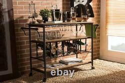 Rustic Industrial Style Rolling Kitchen Bar Serving Cart With Wine & Glass Holder