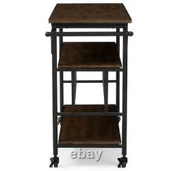 Rustic Industrial Style Rolling Kitchen Bar Serving Cart With Wine & Glass Holder