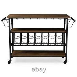 Rustic Industrial Style Rolling Kitchen Bar Serving Cart With Wine & Glass Holder