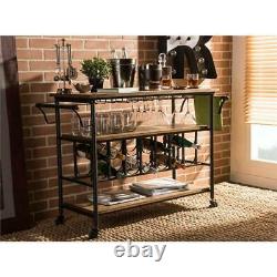 Rustic Industrial Style Rolling Kitchen Bar Serving Cart With Wine & Glass Holder
