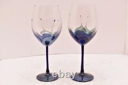 SET 2 R. Randy Strong Studio Art Glass Pulled Feather Blue red Wine goblets 8