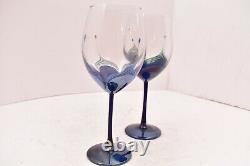 SET 2 R. Randy Strong Studio Art Glass Pulled Feather Blue red Wine goblets 8