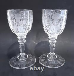 SET 2 Signed LOBMEYR MARIA THERESIA Cut Engraved Glass 7 Crystal Wine Goblets