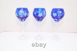 SET 3 BOHEMIAN CZECH CUT TO CLEAR CRYSTAL Hock Wine GLASSES Goblets COBALT BLUE