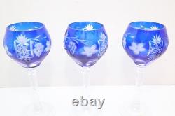 SET 3 BOHEMIAN CZECH CUT TO CLEAR CRYSTAL Hock Wine GLASSES Goblets COBALT BLUE