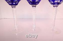 SET 3 BOHEMIAN CZECH CUT TO CLEAR CRYSTAL Hock Wine GLASSES Goblets COBALT BLUE