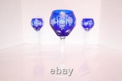 SET 3 BOHEMIAN CZECH CUT TO CLEAR CRYSTAL Hock Wine GLASSES Goblets COBALT BLUE