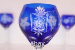 SET 3 BOHEMIAN CZECH CUT TO CLEAR CRYSTAL Hock Wine GLASSES Goblets COBALT BLUE