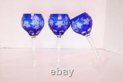 SET 3 BOHEMIAN CZECH CUT TO CLEAR CRYSTAL Hock Wine GLASSES Goblets COBALT BLUE